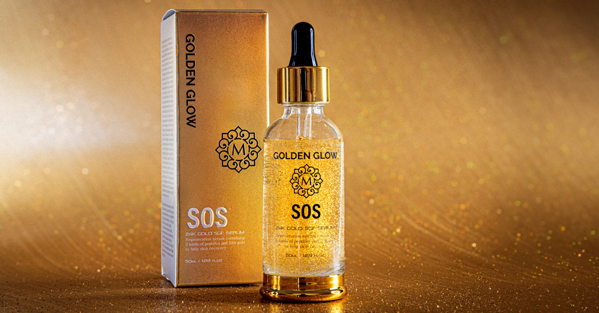 bottle of golden glow sos serum photographed against a golden backdrop