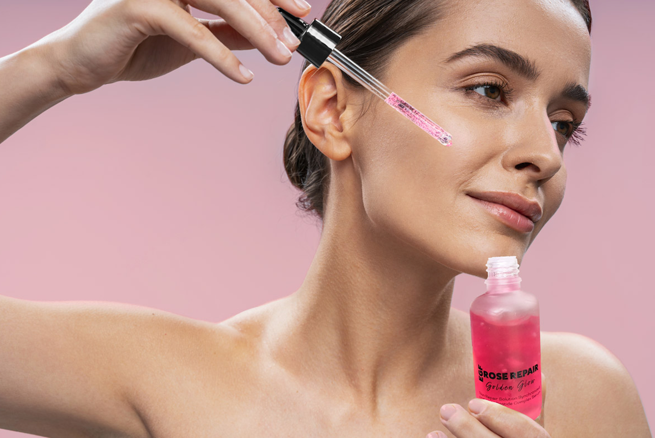 Model applies drops of Rose Repair serum to her left cheek